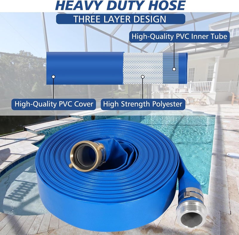 Picatu 2" x 50 ft Backwash Hose for Swimming Pools, Heavy Duty PVC Lay Flat Water Discharge Hose,Durable Pool Drain Hose with Aluminum Pin Lug Fittings for Pump And Filters - Image 3